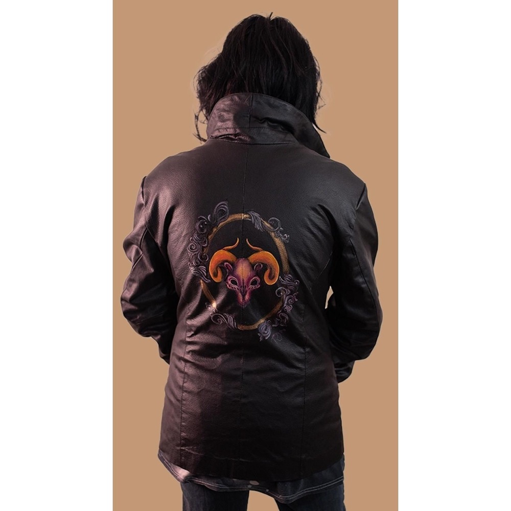 Hand-Painted Black Leather Jacket Demon Skull Gothic Design Unique Wearable Art